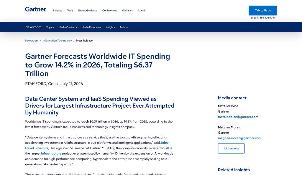 Gartner press release: worldwide IT spending to grow 14.2% in 2026