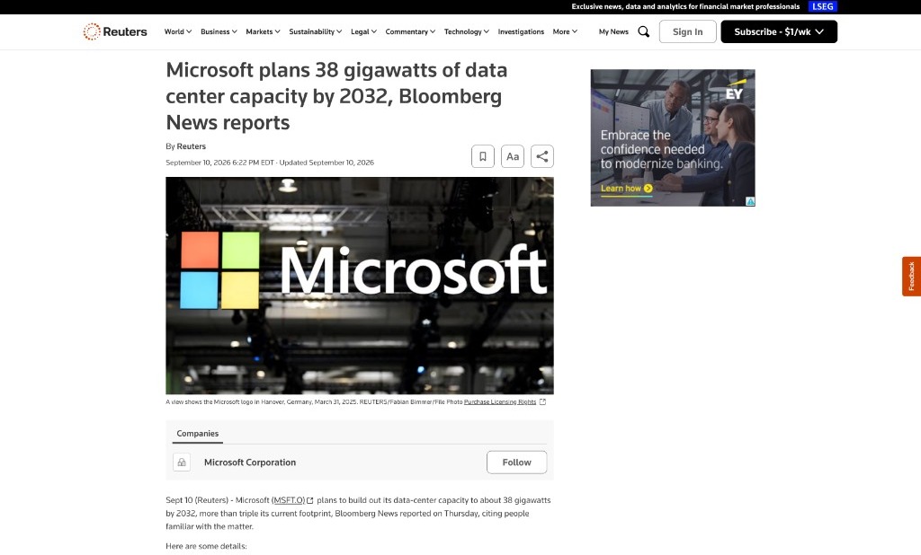 Reuters: Microsoft plans 38 gigawatts of data center capacity by 2032